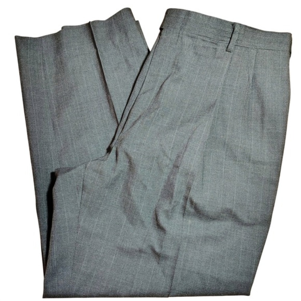 JOS Bank Men Striped Wool Dress Pants Flat Front Pleated Gray vtg luxury‎ formal